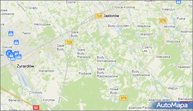mapa Budy Michałowskie gmina Jaktorów, Budy Michałowskie gmina Jaktorów na mapie Targeo