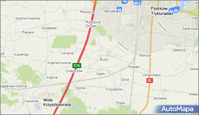 mapa Bujny gmina Wola Krzysztoporska, Bujny gmina Wola Krzysztoporska na mapie Targeo