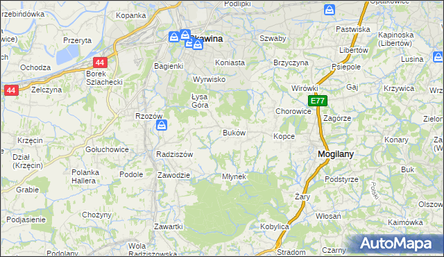 mapa Buków gmina Mogilany, Buków gmina Mogilany na mapie Targeo