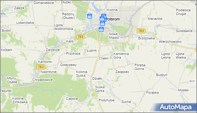 mapa Chełm gmina Wolbrom, Chełm gmina Wolbrom na mapie Targeo