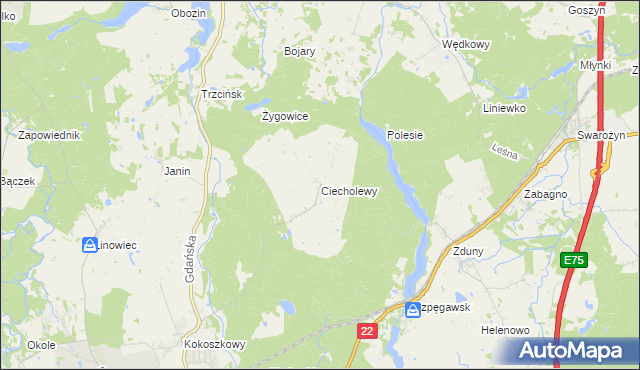 mapa Ciecholewy gmina Starogard Gdański, Ciecholewy gmina Starogard Gdański na mapie Targeo