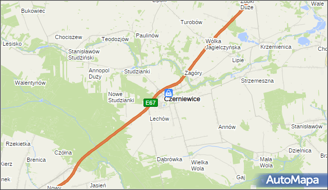 mapa Czerniewice powiat tomaszowski, Czerniewice powiat tomaszowski na mapie Targeo