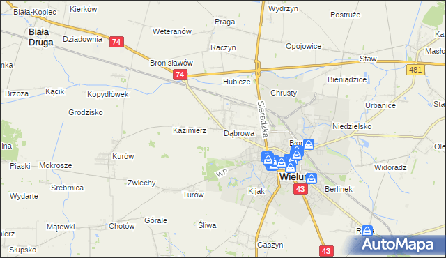 mapa Dąbrowa gmina Wieluń, Dąbrowa gmina Wieluń na mapie Targeo