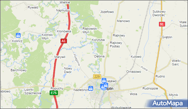 mapa Dębina gmina Pelplin, Dębina gmina Pelplin na mapie Targeo