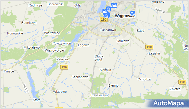 mapa Długa Wieś gmina Wągrowiec, Długa Wieś gmina Wągrowiec na mapie Targeo