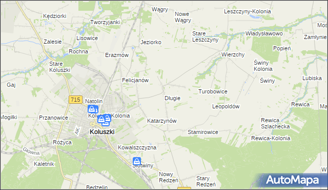 mapa Długie gmina Koluszki, Długie gmina Koluszki na mapie Targeo