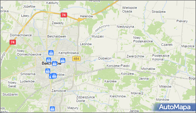 mapa Dobiecin gmina Bełchatów, Dobiecin gmina Bełchatów na mapie Targeo