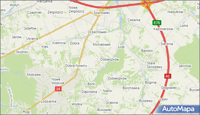 mapa Dobieszków gmina Stryków, Dobieszków gmina Stryków na mapie Targeo