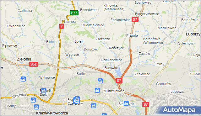 mapa Dziekanowice gmina Zielonki, Dziekanowice gmina Zielonki na mapie Targeo