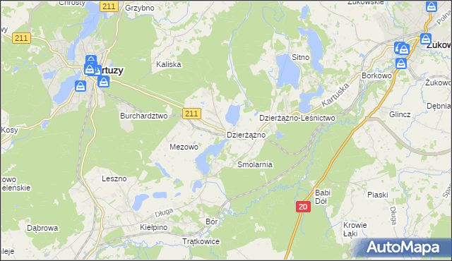 mapa Dzierżążno gmina Kartuzy, Dzierżążno gmina Kartuzy na mapie Targeo