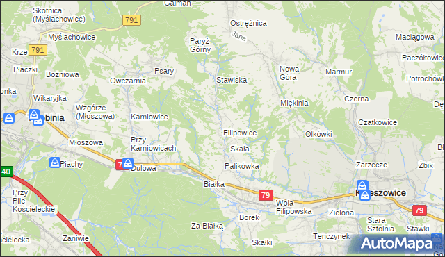 mapa Filipowice gmina Krzeszowice, Filipowice gmina Krzeszowice na mapie Targeo