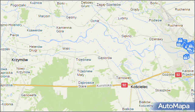 mapa Gąsiorów gmina Kościelec, Gąsiorów gmina Kościelec na mapie Targeo