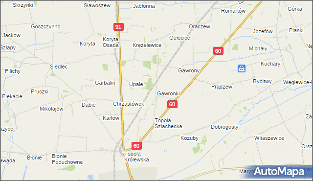 mapa Gawronki gmina Łęczyca, Gawronki gmina Łęczyca na mapie Targeo