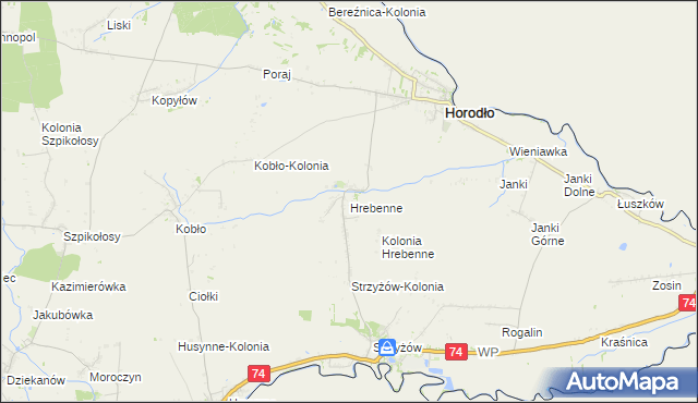 mapa Hrebenne gmina Horodło, Hrebenne gmina Horodło na mapie Targeo