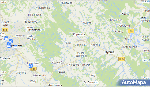 mapa Jabłonka gmina Dydnia, Jabłonka gmina Dydnia na mapie Targeo