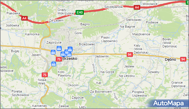 mapa Jadowniki gmina Brzesko, Jadowniki gmina Brzesko na mapie Targeo