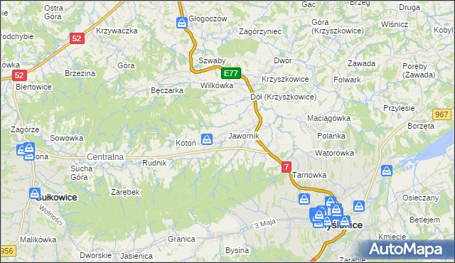 mapa Jawornik gmina Myślenice, Jawornik gmina Myślenice na mapie Targeo