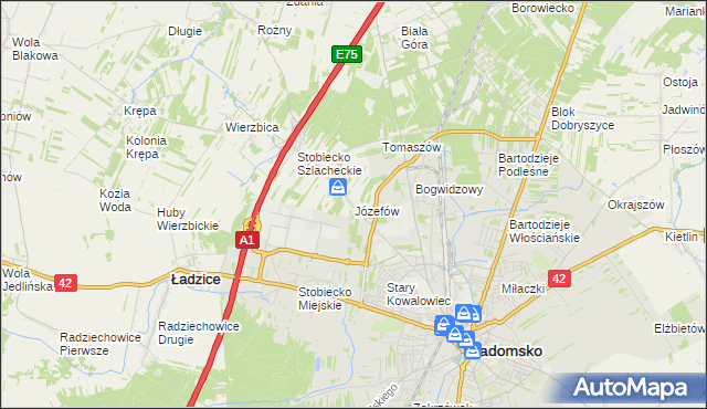 mapa Józefów gmina Ładzice, Józefów gmina Ładzice na mapie Targeo