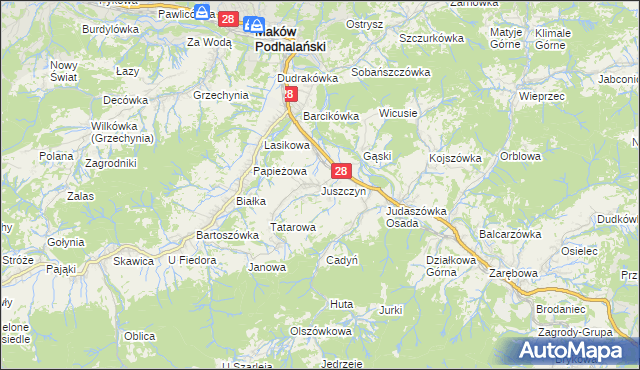 mapa Juszczyn gmina Maków Podhalański, Juszczyn gmina Maków Podhalański na mapie Targeo