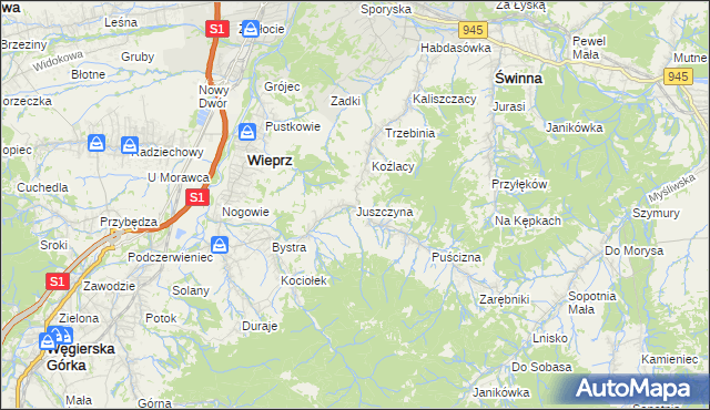 mapa Juszczyna, Juszczyna na mapie Targeo