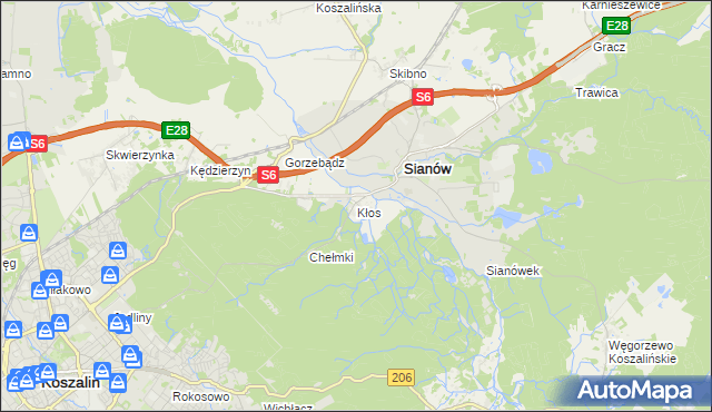 mapa Kłos gmina Sianów, Kłos gmina Sianów na mapie Targeo