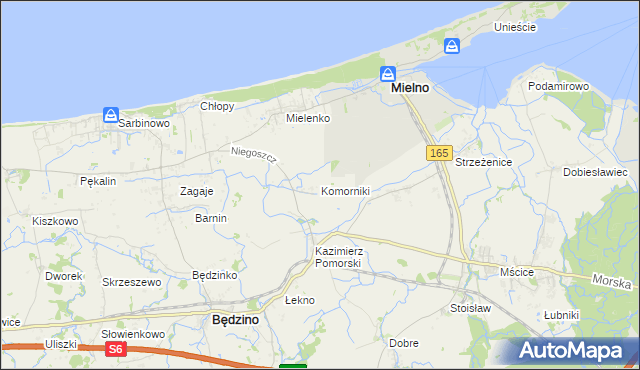 mapa Komorniki gmina Mielno, Komorniki gmina Mielno na mapie Targeo