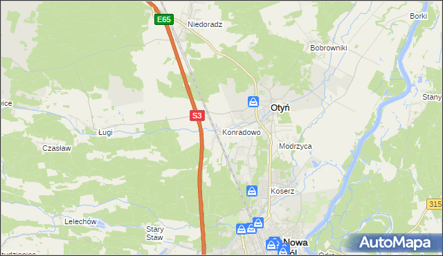 mapa Konradowo gmina Otyń, Konradowo gmina Otyń na mapie Targeo