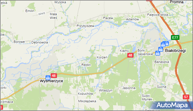 mapa Korzeń gmina Wyśmierzyce, Korzeń gmina Wyśmierzyce na mapie Targeo