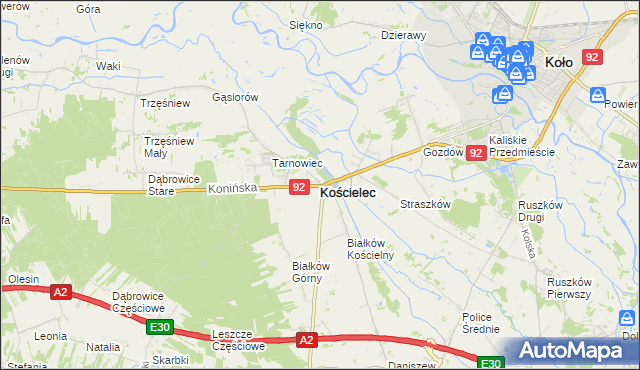 mapa Kościelec powiat kolski, Kościelec powiat kolski na mapie Targeo