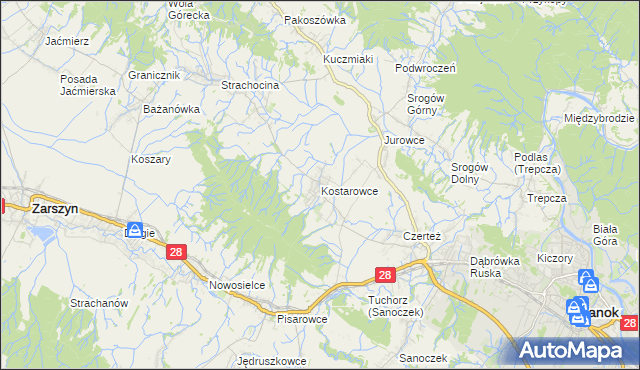 mapa Kostarowce, Kostarowce na mapie Targeo