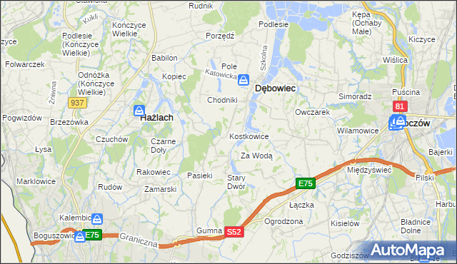 mapa Kostkowice gmina Dębowiec, Kostkowice gmina Dębowiec na mapie Targeo