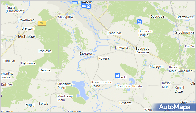 mapa Kowala gmina Pińczów, Kowala gmina Pińczów na mapie Targeo