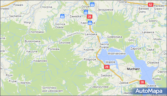 mapa Koziniec gmina Mucharz, Koziniec gmina Mucharz na mapie Targeo