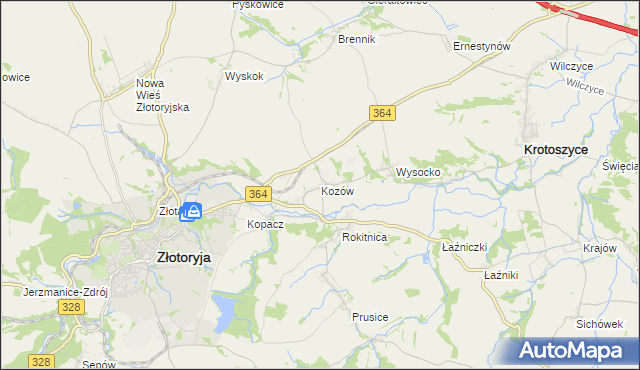 mapa Kozów gmina Złotoryja, Kozów gmina Złotoryja na mapie Targeo