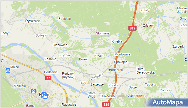 mapa Krzaki gmina Pysznica, Krzaki gmina Pysznica na mapie Targeo