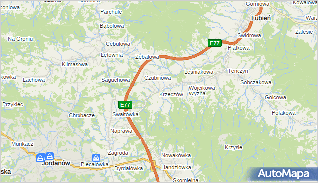 mapa Krzeczów gmina Lubień, Krzeczów gmina Lubień na mapie Targeo