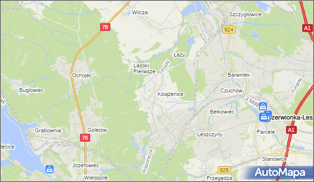 mapa Książenice gmina Czerwionka-Leszczyny, Książenice gmina Czerwionka-Leszczyny na mapie Targeo