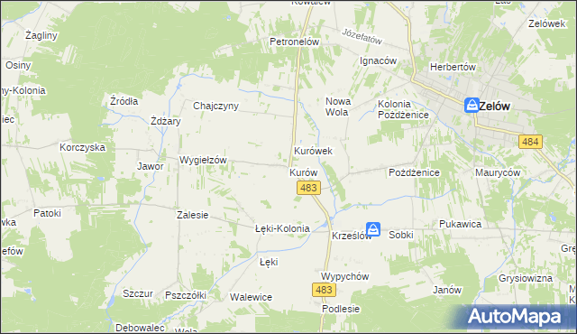 mapa Kurów gmina Zelów, Kurów gmina Zelów na mapie Targeo