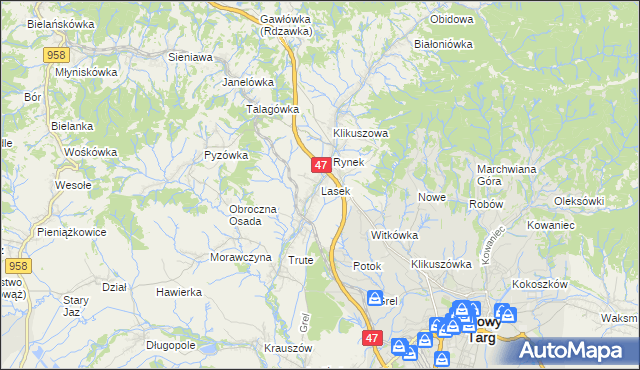 mapa Lasek gmina Nowy Targ, Lasek gmina Nowy Targ na mapie Targeo