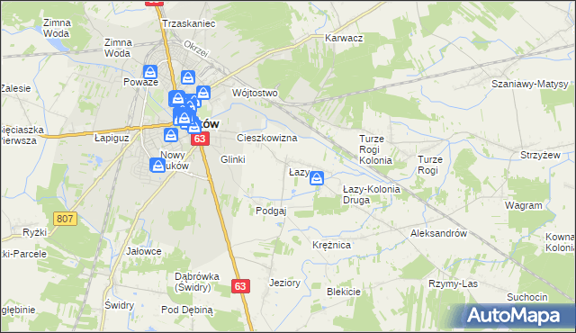 mapa Łazy gmina Łuków, Łazy gmina Łuków na mapie Targeo