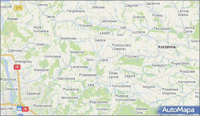 mapa Łęka gmina Korzenna, Łęka gmina Korzenna na mapie Targeo