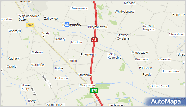 mapa Łęki Górne gmina Krzyżanów, Łęki Górne gmina Krzyżanów na mapie Targeo