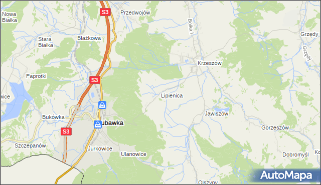 mapa Lipienica gmina Kamienna Góra, Lipienica gmina Kamienna Góra na mapie Targeo