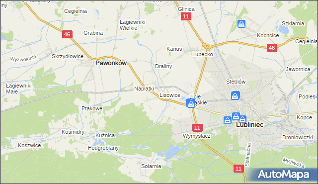 mapa Lisowice gmina Pawonków, Lisowice gmina Pawonków na mapie Targeo