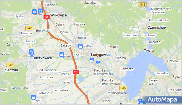 mapa Łodygowice powiat żywiecki, Łodygowice powiat żywiecki na mapie Targeo