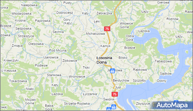 mapa Łososina Dolna, Łososina Dolna na mapie Targeo