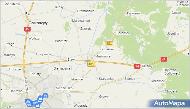 mapa Masłowice gmina Wieluń, Masłowice gmina Wieluń na mapie Targeo