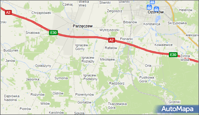mapa Mikołajew gmina Parzęczew, Mikołajew gmina Parzęczew na mapie Targeo