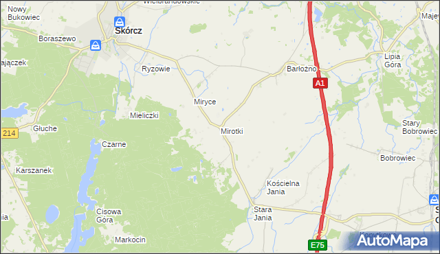 mapa Mirotki gmina Skórcz, Mirotki gmina Skórcz na mapie Targeo