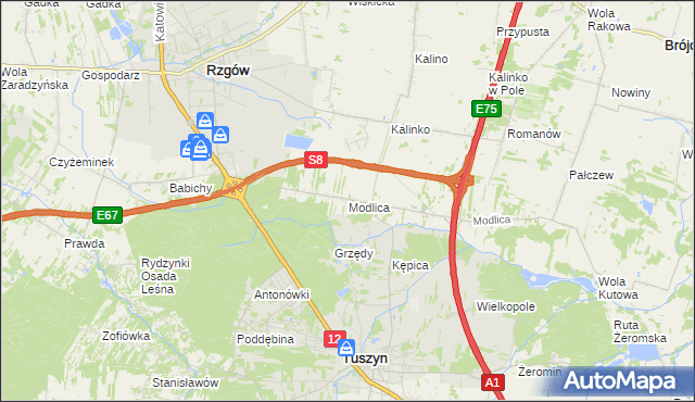 mapa Modlica gmina Tuszyn, Modlica gmina Tuszyn na mapie Targeo